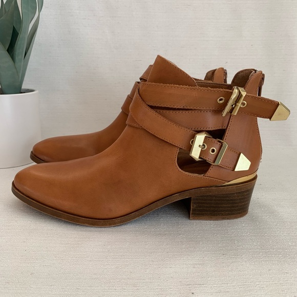 Seychelles Caramel Leather Gold Buckle Ankle Booties Woman’s 8.5 - Picture 6 of 11